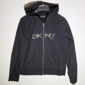 DKNY Jeans Zip‎ Up Hoodie Womens XL Black Studded Logo Y2K Sweatshirt